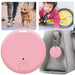 A lifestyle photo showing a pink GPS tracker attached to a dog’s collar and a child’s clothing, illustrating its use for tracking pets and children. The tracker is also shown attached to a handbag.