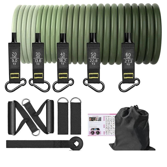 A set of green resistance bands with various weight levels displayed with handles and attachments.