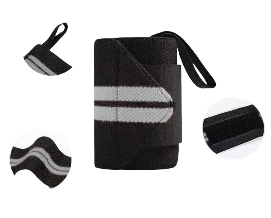 A black wrist wrap with a white stripe, shown in different angles to highlight the material and stitching details.