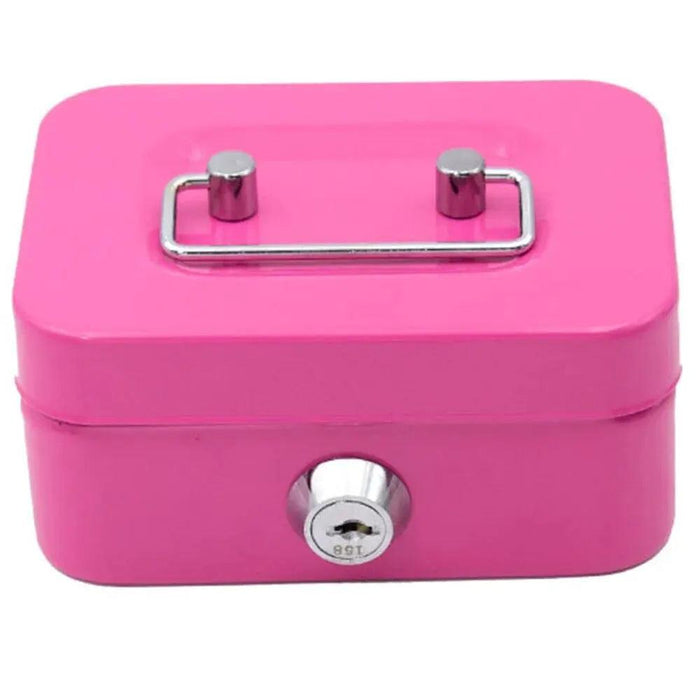 A small pink lockbox with a metal handle on top and a keyhole on the front, viewed from the front.