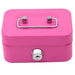 A small pink lockbox with a metal handle on top and a keyhole on the front, viewed from the front.