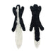 A plush dog toy resembling a skunk with a furry tail, shown from the front and the back.