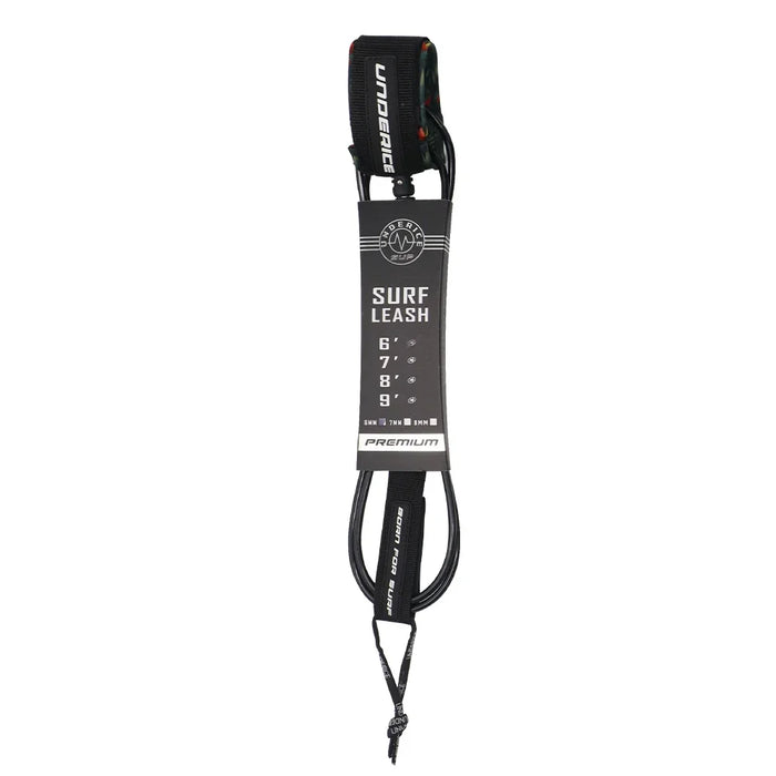 A packaged black surf leash labeled "Surf Leash" with size options.