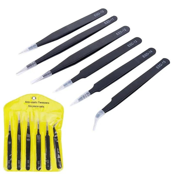 Six black ESD tweezers with protective covers in a yellow packaging.