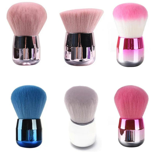 six makeup brushes with colorful bristles and shiny handles in different shapes and colors, including pink, blue, gray, and white.