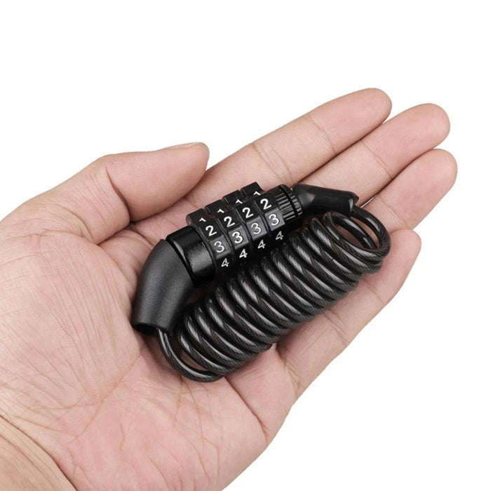 A small black coiled combination lock cable held in the palm of a hand, with the numbers set to "2-2-2-2" or "3-3-3-3".