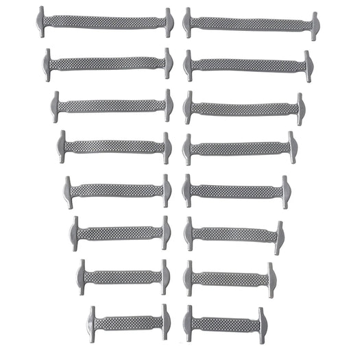 Sixteen silicone shoelaces in different sizes and gray color, neatly organized in pairs on a white background.