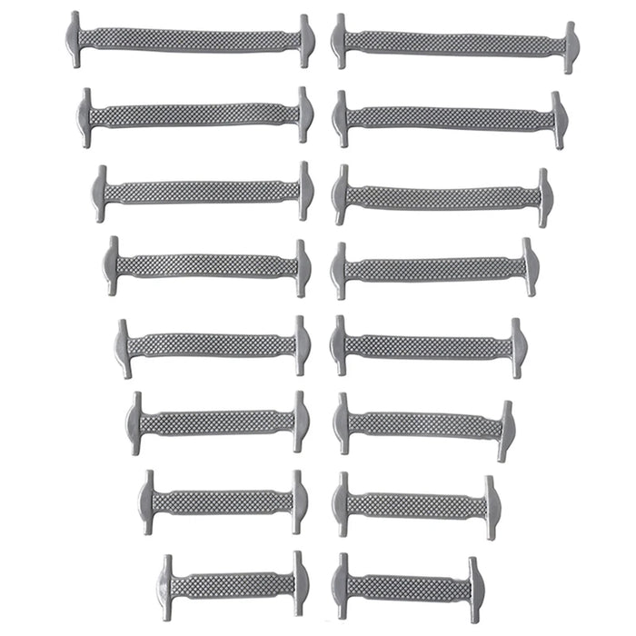 Sixteen silicone shoelaces in different sizes and gray color, neatly organized in pairs on a white background.