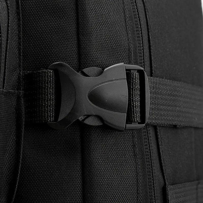 A close-up of one of the side straps and buckles, showcasing the quality and sturdiness of the fastening system. The strap is adjustable, ensuring a secure and comfortable fit when carrying heavy loads.