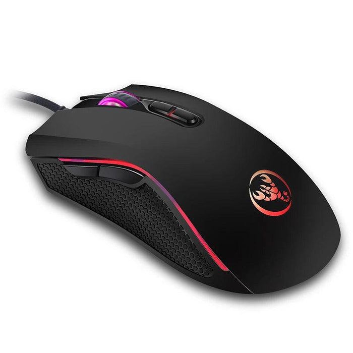 A black gaming mouse from a close-up side angle, highlighting its RGB lighting and textured grip. The mouse wheel is illuminated, and the buttons and ergonomic shape are clearly visible.