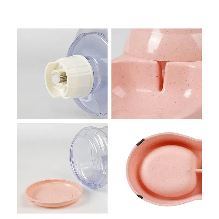 Close-up images of a pink automatic pet dispenser showing the lid, spout mechanism, base with food dispensing slot, and bottom view of the base.