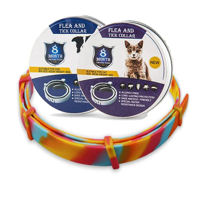 colorful flea and tick collar with packaging for both cats and dogs.