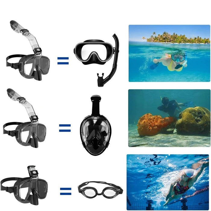 A comparison chart shows different types of snorkeling and diving masks, highlighting their functionalities for surface snorkeling and deeper underwater diving.