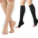 Side-by-side view of black and beige open-toe compression socks being worn, emphasizing the compression support and fit.