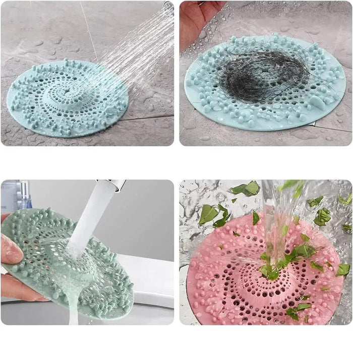 Four images showing the use of round silicone drain covers: water flowing over a blue cover, hair trapped on the cover, washing the cover under a faucet, and a pink cover catching vegetable scraps.