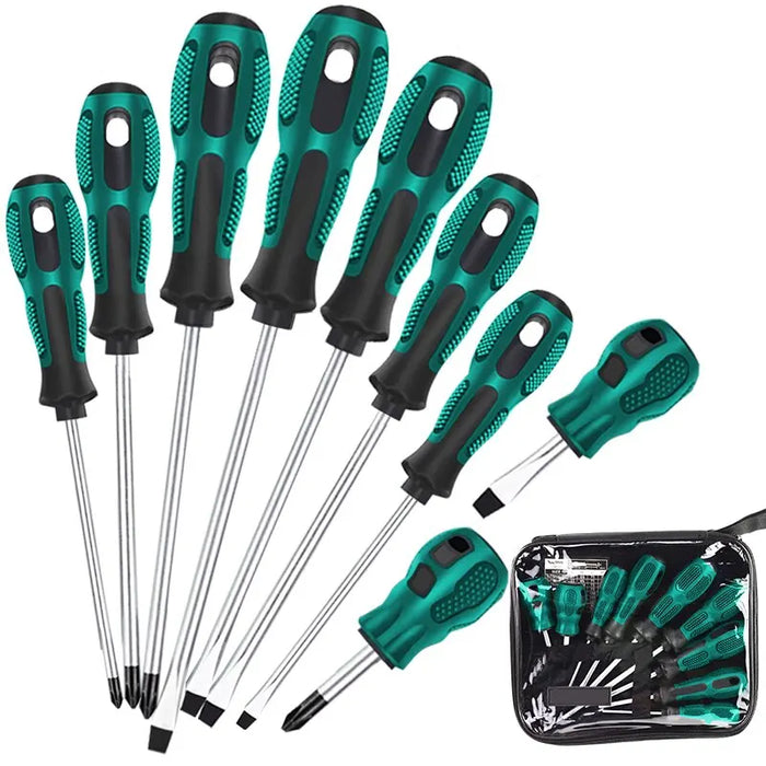 A set of green-handled screwdrivers displayed alongside an close tool case showing the same set.