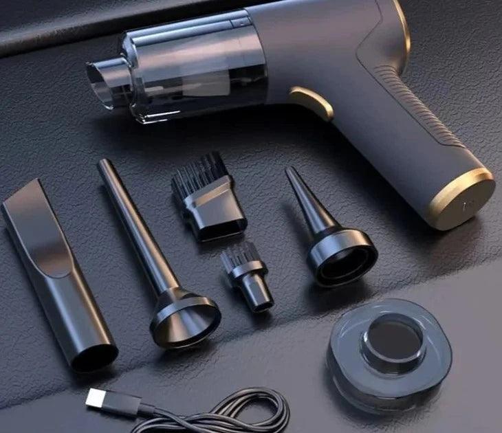 Close-up of the vacuum and its accessories, focusing on the detailed design and the variety of attachments included.