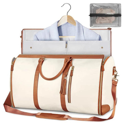 Cream and brown duffle bag with a suit hanging feature, displayed with a small mesh pouch.