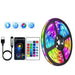 A roll of LED strip lights with multiple color options, a remote control, a USB cable, and a smartphone displaying a control app. The setup suggests various modes and features such as music sync and color customization.