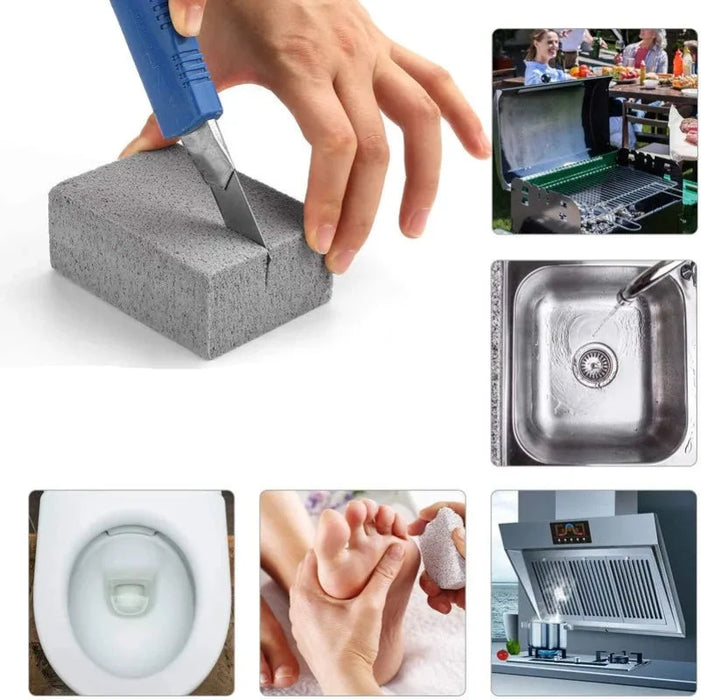 A person uses a utility knife to slice a gray pumice stone in half. Surrounding this image are smaller images showing various cleaning applications, including a grill, sink, toilet, feet, and a kitchen range hood.