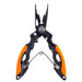 A pair of black and orange fishing pliers with a multi-functional design, including a line cutter, split ring opener, and ergonomic handles.