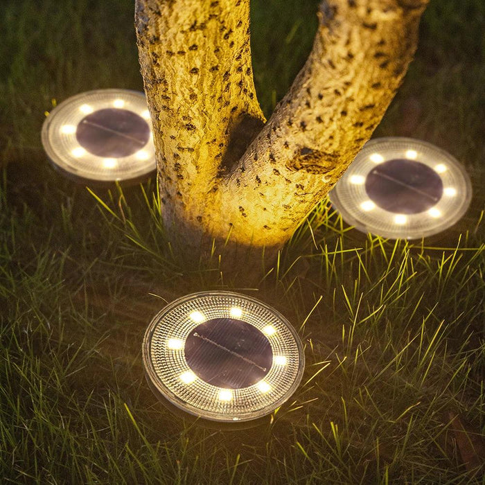 A nighttime photo of solar garden lights placed around the base of a tree, illuminating the trunk and surrounding grass with a warm, ambient light.