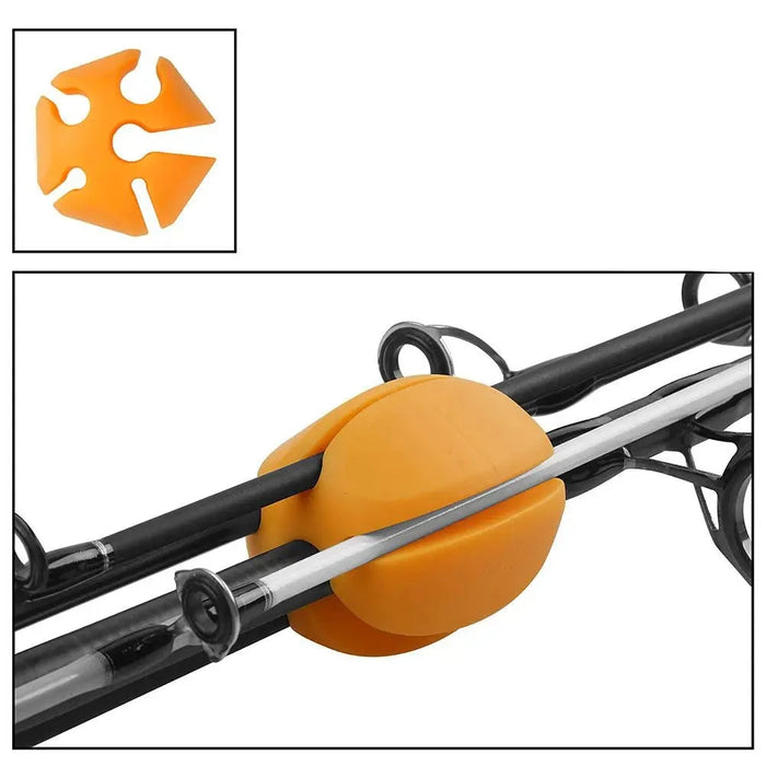 A close-up of an orange silicone rod holder securely holding two fishing rods together, highlighting its practical design.