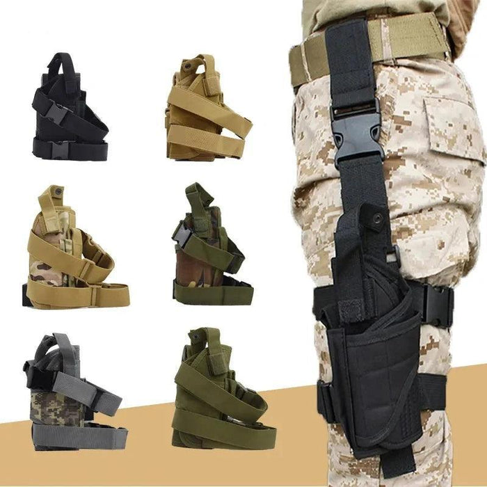 A variety of tactical thigh holsters in different colors (black, tan, olive green, and camouflage), shown on a person's leg and individually.