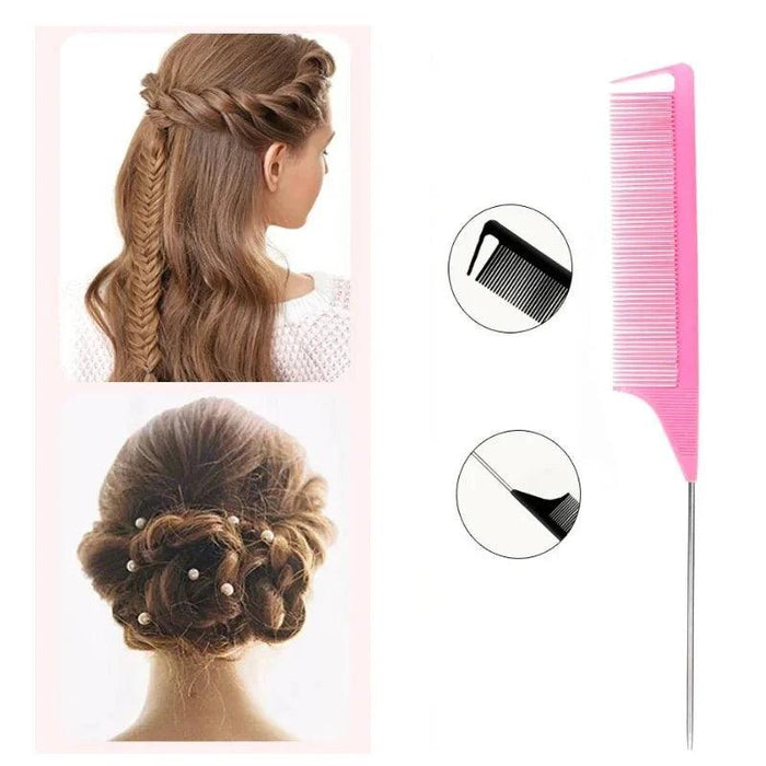 Two hairstyles (a braided half-updo and a low bun) with a pink fine-tooth comb with a metal handle; close-up of the comb's details.