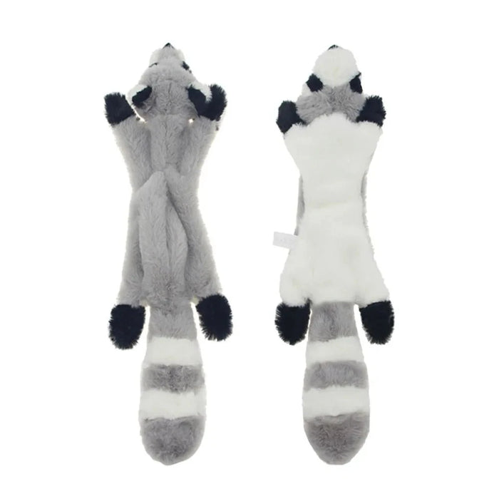 A plush dog toy resembling a gray and black raccoon with a furry tail, shown from the front and the back.