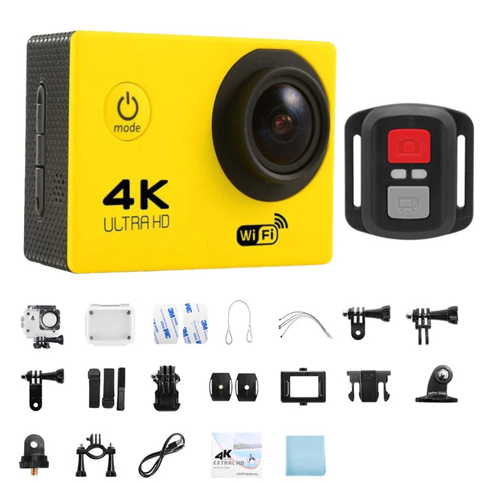 A yellow 4K Ultra HD action camera shown with a remote control and various accessories for mounting and protection.