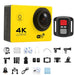 A yellow 4K Ultra HD action camera shown with a remote control and various accessories for mounting and protection.