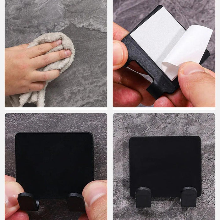 A four-step instructional sequence for installing a wall-mounted holder. The images show wiping the wall, peeling the adhesive backing, positioning the holder, and the final mounted product.