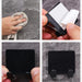 A four-step instructional sequence for installing a wall-mounted holder. The images show wiping the wall, peeling the adhesive backing, positioning the holder, and the final mounted product.