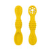 A close-up of two yellow baby spoons, one with a regular spoon shape and the other with a cut-out flower design, against a white background.