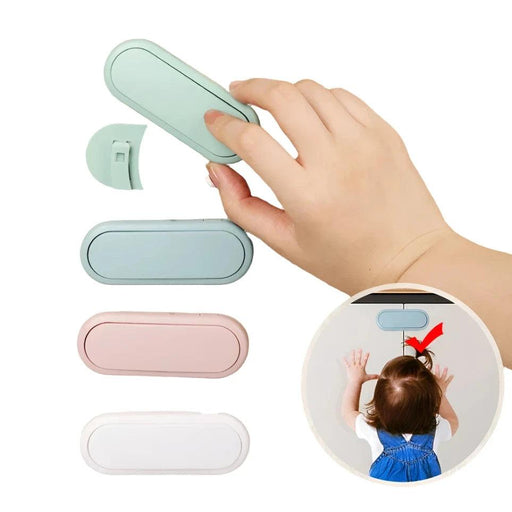 a set of child safety locks in four different colors: mint green, light blue, pink, and white. The primary focus is on the mint green lock being held by a hand, demonstrating its use. The inset image in the lower right corner shows a child trying to open a cabinet door secured with one of these locks, highlighting its purpose of keeping children from accessing potentially dangerous areas.