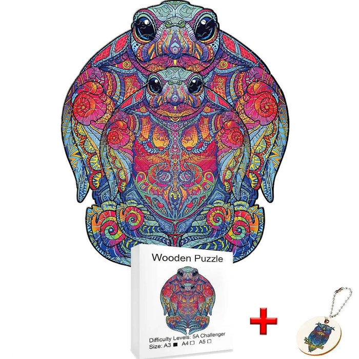 A colorful, detailed wooden puzzle of a sea turtle, accompanied by an A4 size box and a keychain.