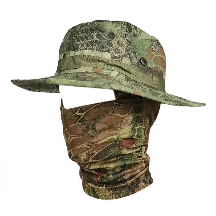 Greenish camo hat with matching face cover.