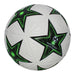 White soccer ball with green and black star pattern.