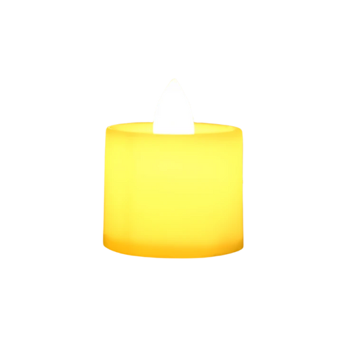 A close-up of a single warm yellow light candle emitting a bright white light, emphasizing the simple and clean design.