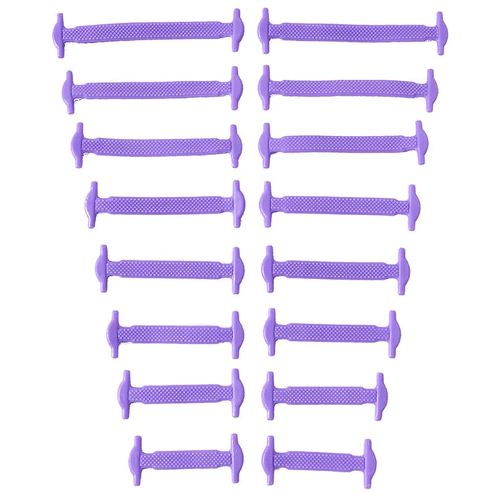 Sixteen silicone shoelaces in different sizes and purple color, neatly organized in pairs on a white background.