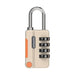 A beige combination padlock with four dials set to "7-8-9", and orange accents.