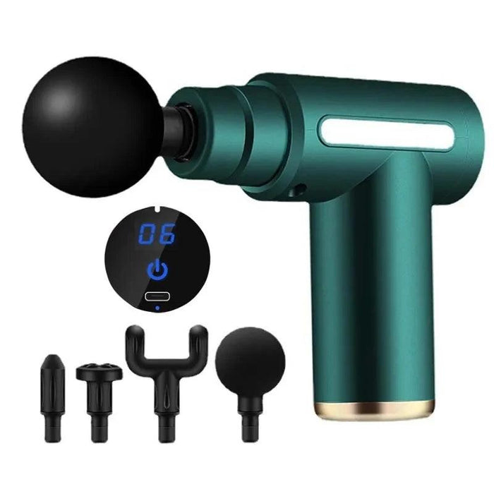 A teal Fascia Massager with black accents, accompanied by four interchangeable attachments: a pointed head, a flat head, a forked head, and a round head. A digital display on the Fascia Massager shows the number "06".