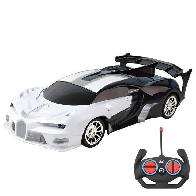 A shiny black and white sports car with black accents and an accompanying remote control. The car features a sleek, aerodynamic design and large rear spoiler.