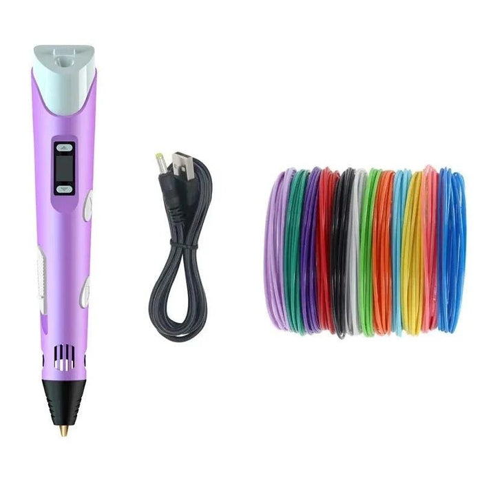 A purple 3D pen with a USB charging cable and a variety of filament coils in different colors.