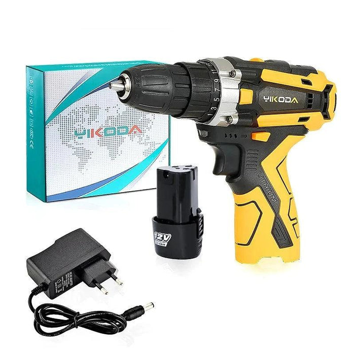 Yikoda cordless power drill set, including the drill, a 12V lithium battery, a charger, and a box. The yellow and black drill is designed for efficiency and durability, suitable for various tasks.