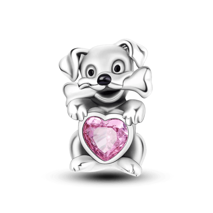 Puppy with bone and pink heart crystal silver charm