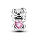 Puppy with bone and pink heart crystal silver charm