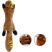 A plush dog toy resembling a brown squirrel with black paws, with close-up insets showing the detailed face and reinforced stitching.