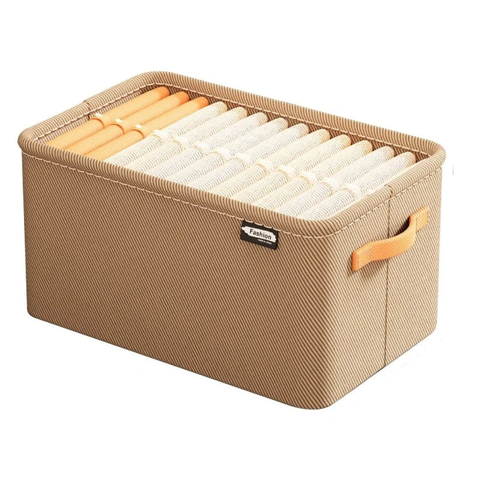 A larger beige organizer filled with more rolled items, emphasizing its spaciousness. The handles and fabric texture are clearly visible.